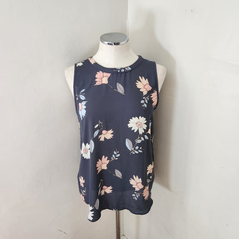 Ann Taylor LOFT Womens Navy Blue Floral Mixed Media Sleeveless Shell Top Size M‎